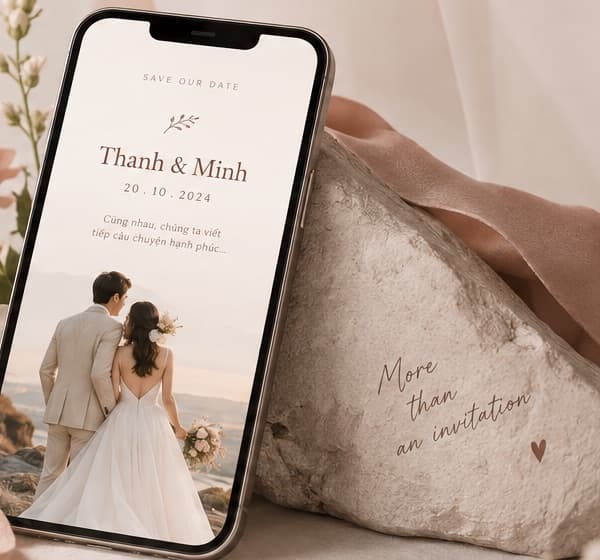 Thiệp cưới online trên điện thoại đặt cạnh phiến đá nghệ thuật